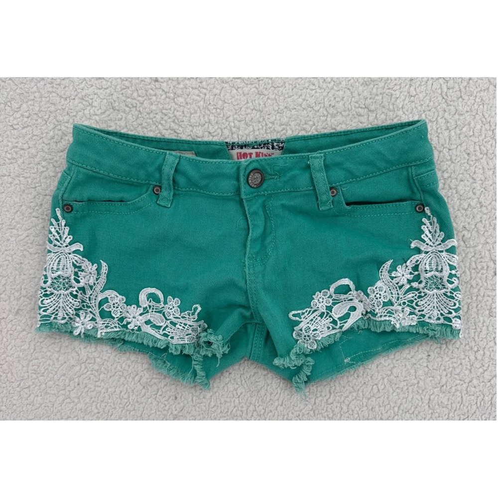 Hot Kiss Turquoise Green Denim Shorts with White Lace Trim Size 4